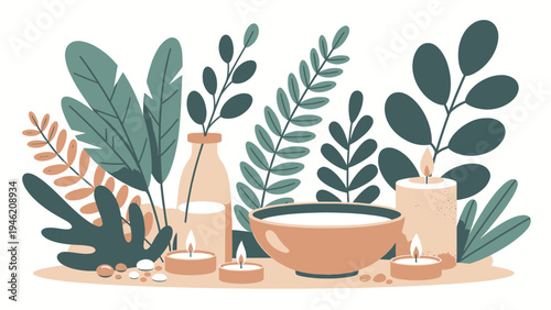 Spa Still Life with Candles and Tropical Leaves vector illustration