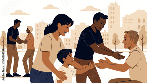 Diverse Families Greeting Each Other in a Park Setting vector illustration