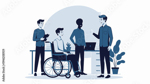 Diverse Team In Office Disability Inclusion vector illustration
