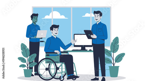 Inclusive Workplace with Disabled Colleague vector illustration