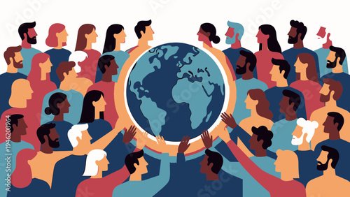 Diverse People Holding Earth Global Community vector illustration