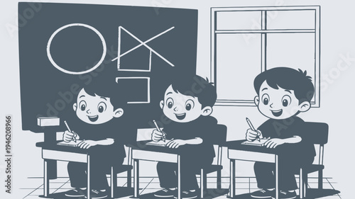 Cartoon School Boys Learning Shapes in Classroom vector illustration