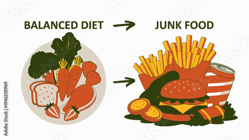 From Balanced Diet to Junk Food Concept vector illustration