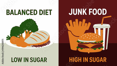 Balanced Diet Versus Junk Food Concept vector illustration