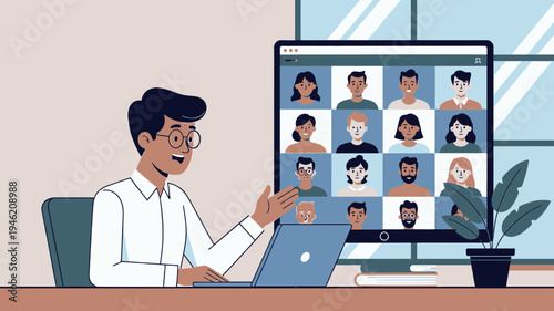 Man Having a Video Conference Call on Laptop vector illustration