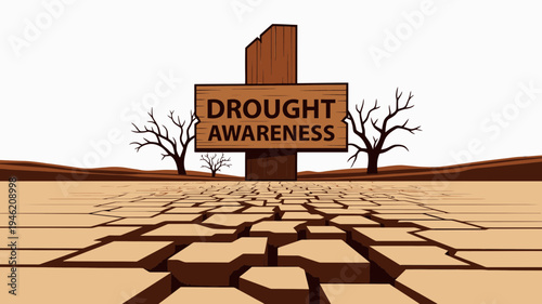 Drought Awareness Sign in Arid Landscape vector illustration