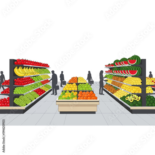 Abundant fresh fruits and vegetables displayed in a supermarket aisle with shoppers