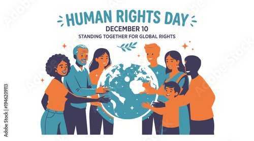 Human Rights Day Concept with Diverse People around Globe vector illustration