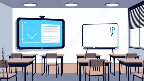 Modern Classroom Interior with Interactive Display and Whiteboard vector illustration
