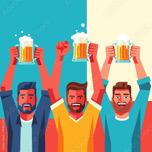 Three happy men cheering with beer mugs, celebrating victory or a good time