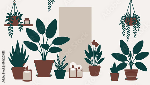 Bohemian Interior Decor with Plants and Candles vector illustration
