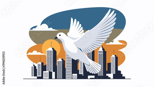 Dove Flying Over City Skyline at Sunset vector illustration