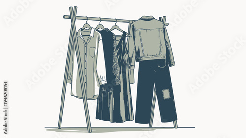 Hand Drawn Clothes Rack with Assorted Garments vector illustration