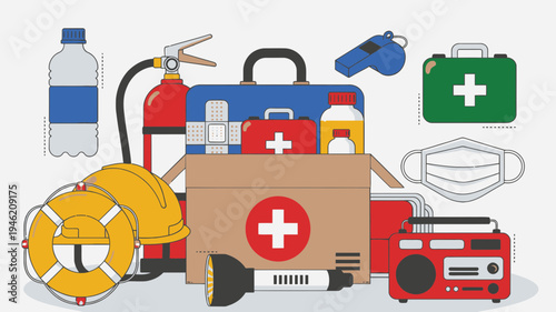 Emergency Preparedness Kit with Supplies vector illustration