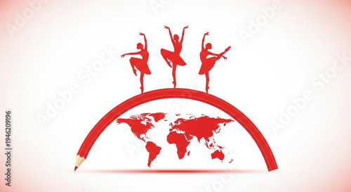 Ballet Dancers Performing Gracefully on a World Map Beneath a Giant Pencil Arch
