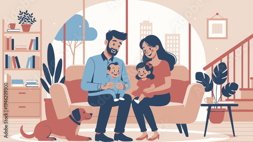 Happy Family Relaxing on Sofa in Living Room vector illustration