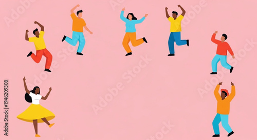 Joyful diverse group of men and women dancing and celebrating together in a vibrant community gathering, expressing happiness and unity on a pink background