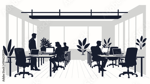 Open Office Space with Employees at Work vector illustration