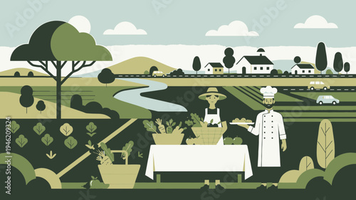 Farm to Table Chef Serving Fresh Produce vector illustration