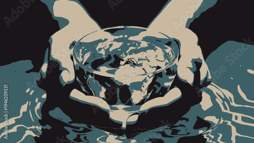 Caring Hands Holding Water Globe vector illustration