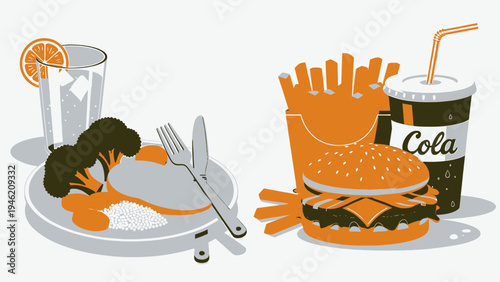 Healthy vs Unhealthy Food Choices vector illustration