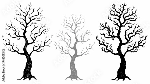 A set of bare tree silhouettes in different shades of black and gray on a white background silhouette