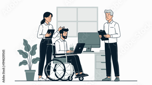 Inclusive Workplace Team Supporting Disabled Colleague vector illustration