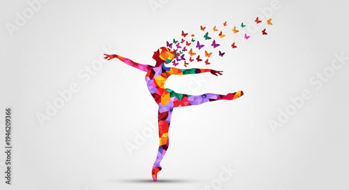 International Dance Day Abstract dancer in colorful mosaic form with butterflies emanating from her head, symbolizing freedom and artistic expression