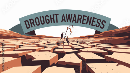 Drought Awareness Graphic with Dry Plant and Cracked Ground vector illustration