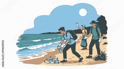 Volunteers Clean Up Beach Litter vector illustration