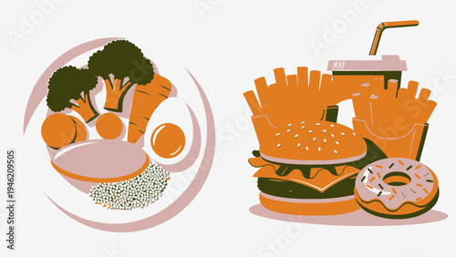 Healthy Meal vs. Unhealthy Junk Food Concept vector illustration