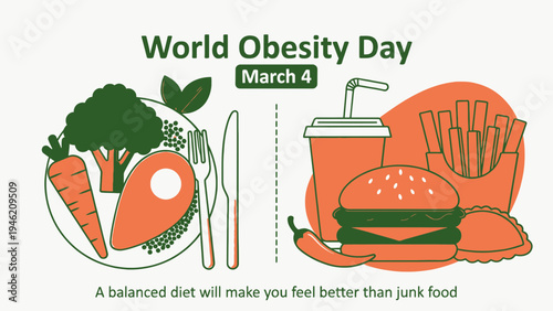 World Obesity Day Concept with Balanced Diet vs Junk Food vector illustration
