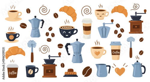 Flat lay illustration of various coffee related items and accessories on a white background.