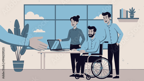 Inclusive Workplace with Employee in Wheelchair vector illustration