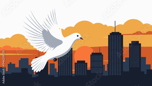 Dove Flying Over City at Sunset vector illustration