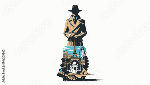 Mystery Traveler Silhouette With Cityscape Suitcase vector illustration