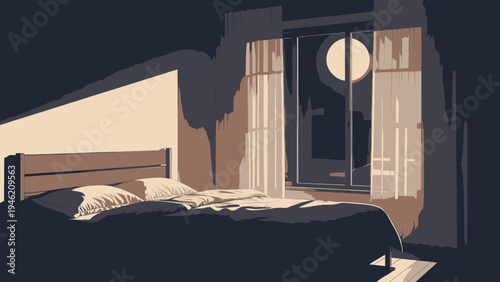 Dark Bedroom Interior With Moon View vector illustration