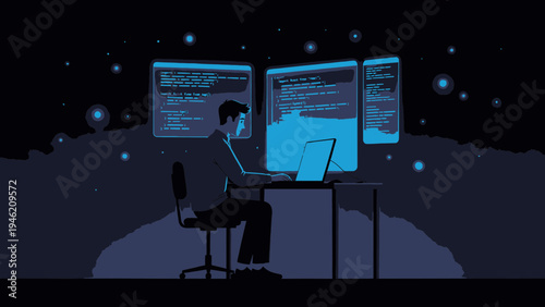 Software Developer Working at Night vector illustration