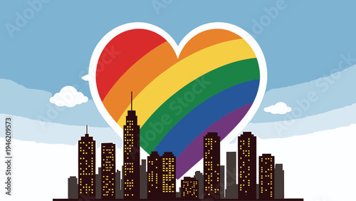 City Skyline with Pride Rainbow Heart Graphic vector illustration