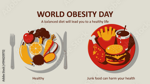 World Obesity Day Concept with Healthy and Unhealthy Food vector illustration