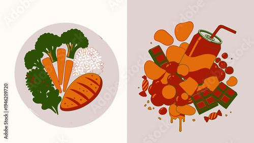 Healthy Meal Vs Unhealthy Snack Concept vector illustration
