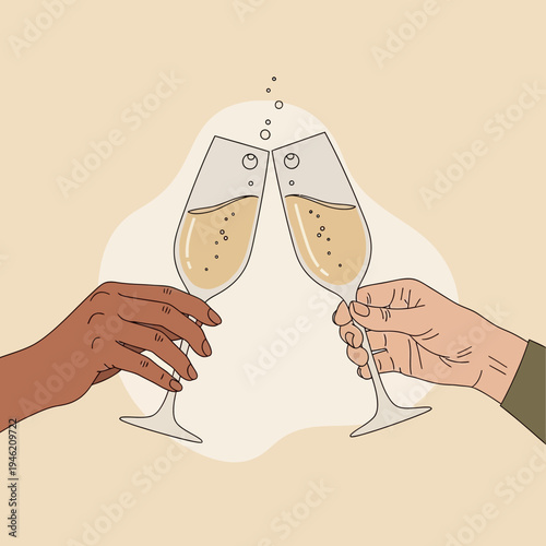 Two hands clinking champagne glasses in a toast, celebration, party, cheers, happy moment