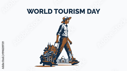 World Tourism Day Illustration of Traveler with Suitcase Full of Landmarks vector illustration
