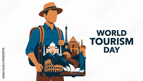 World Tourism Day Concept with Tourist and Landmarks vector illustration