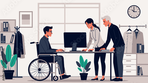 Inclusive Workplace with Employee in Wheelchair vector illustration