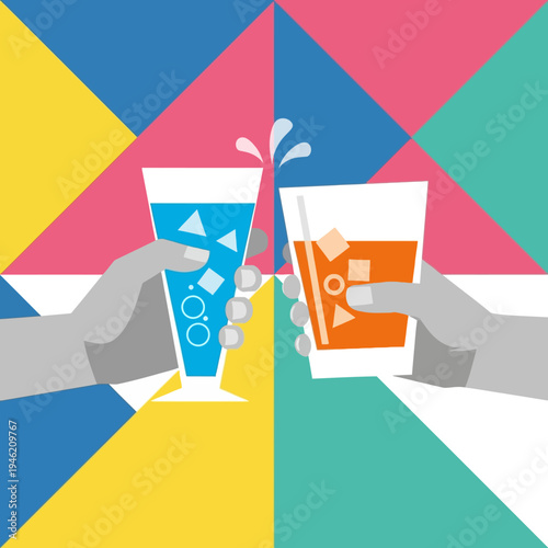 Two hands clinking glasses of colorful drinks with ice, abstract geometric background