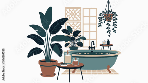 Cozy Bathroom Interior with Plants and Bathtub vector illustration