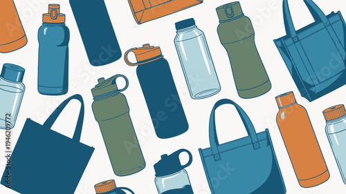 Reusable Water Bottles and Tote Bags Pattern vector illustration