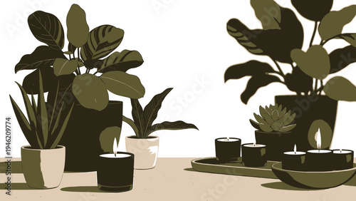 Stylish Home Decor with Plants and Candles vector illustration