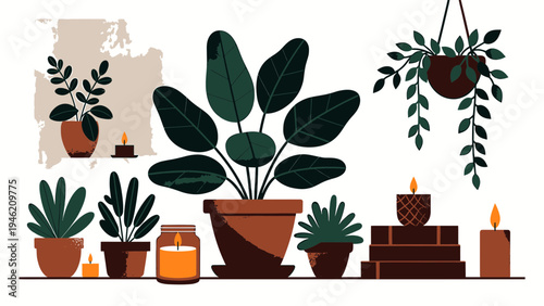 Indoor Plants And Candles In A Minimalist Setting vector illustration
